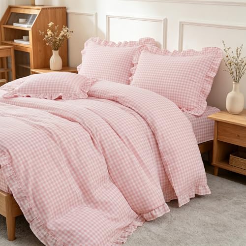 Image of Nayoroom Gingham Duvet Cover Queen Size Pink Ruffle Plaid Checkered Duvet Cover 3 Pieces Soft Washed Microfiber Vintage Farmhouse Dorm Bedding Set Gifts for Women Men
