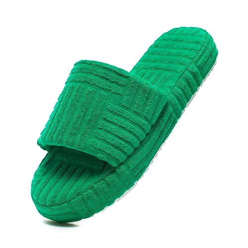Jakcuz Terry Towelling Slippers for Women Girls Memory Foam Open Toe Comfortable Slide Sandals Solid Green Size 92