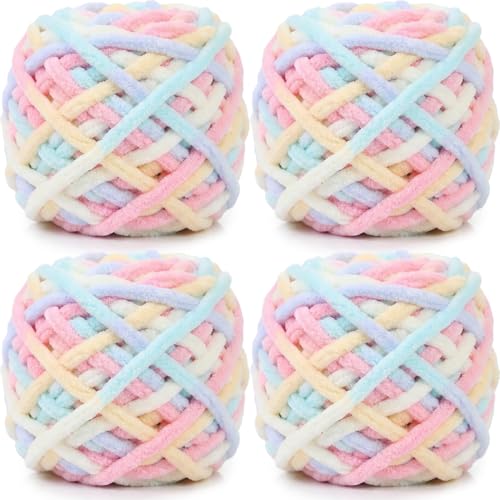 Lighterday 4×100g Rollen Chenille Wolle Zum Häkeln Dick Garn Flauschige Dicke Wolle zum Häkeln und Stricken,Chunky Yarn für Anfänger,Ideal für Schal,Blanket,Mützen,Pullover und Taschen(Macaron)