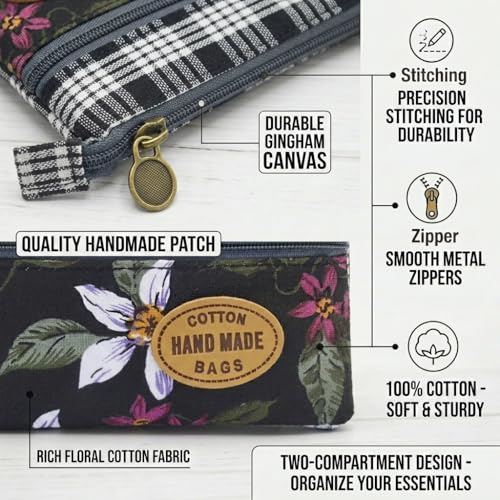 Image of Women Small Zipper Coin Purse, Handmade Fabric Flower Embroidered Change Pouch, Cotton Double Zipper Wallet