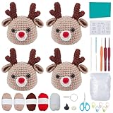 ORIGACH 4 Sets Crochet DIY Christmas Elk Kit, Crochet Starter Kit with Step by Step Video Tutorial and Instruction for Christmas Party Decorations