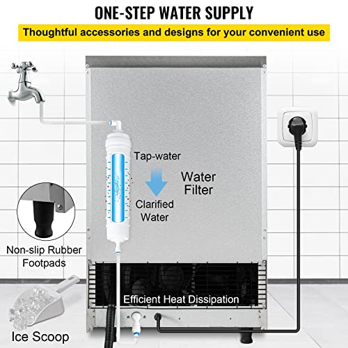 Vevor 110V Commercial Ice Maker Machine, 110Lbs/24H Commercial Ice Machine Under Couter Ice Maker With 39Lbs Bin For Home Bar Restaurant, Auto Cleaning Ice Maker, Water Filter, Scoops Included #TOP6