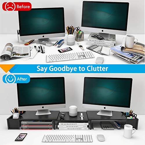 LORYERGO Dual Monitor Stand Riser - 3 Shelf Screen Laptop Stand with Storage Accessories Slots, Length and Angle Adjustable Desktop Stand Storage Organizer for Computer, Laptop