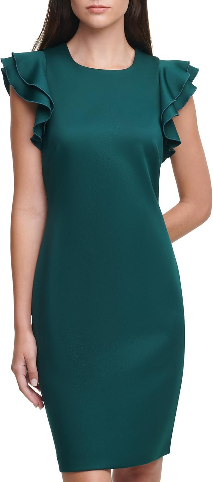 Tommy Hilfiger Women's Sleeveless Ruffle Hem Jewel Neck Crepe Sheath Mini Dress