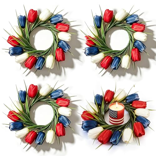 Image of 4 PCS 4th of July Candle Rings Wreaths Patriotic Tulip Silk Memorial Day American Flag Floral Candle Rings Holder with Red White and Blue Flower for Independence Day Labor Day Table Centerpiece Decor