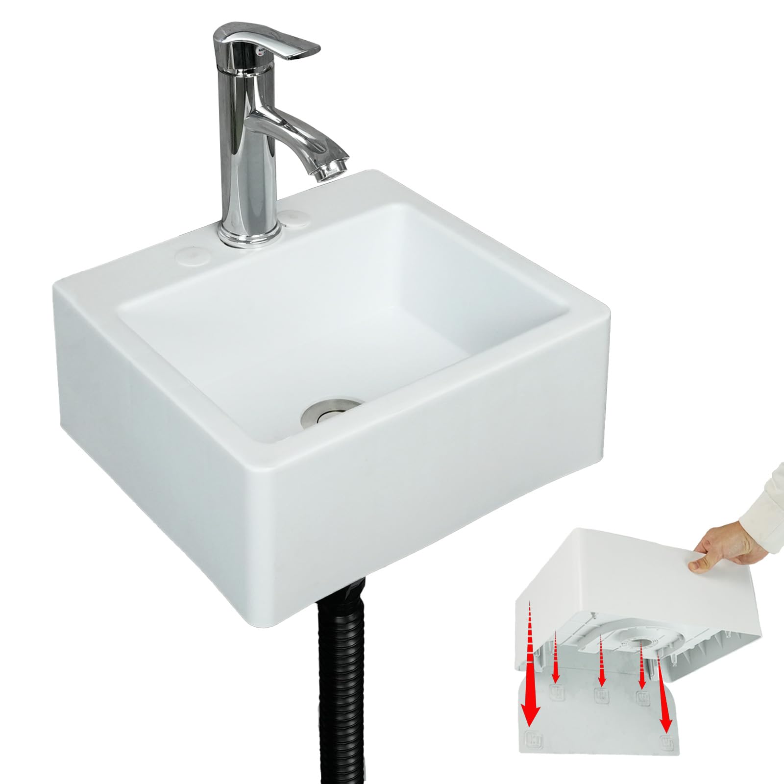 Fregadero de baño pequeño para montaje en pared, instalación sin taladro, fregadero autoadhesivo de 15.74 x 7.87 pulgadas con agujero de grifo de 1.26 pulgadas, mini fregadero de plástico para el