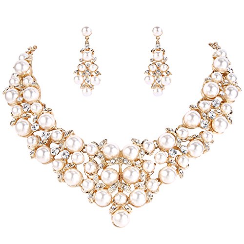 BriLove Wedding Bridal Simulated Pearl Necklace Earring Jewelry Set for Women Crystal Cluster Statement Necklace Dangle Earrings Set Clear Gold Toned