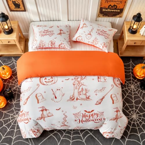 Image of Lekesky Halloween Orange Duvet Cover Queen Size, Pumpkin | Zipper Closure, 8 Interior Ties, Ultra Soft Microfiber Breathable, Machine Washable, 90 inch X 90 inch,with 2 Pillowceses 20 inch X 26 inch