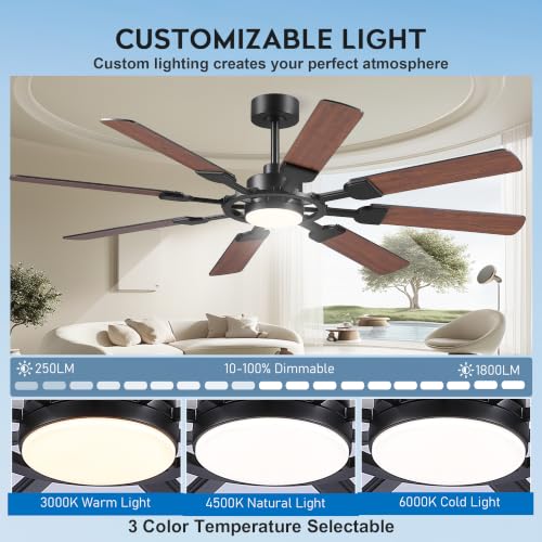 Image of JSAITEE 62in Ceiling Fans with Lights and Remote, Black Low Profile Fan Light-Flush Mount with 8 Reversible Blades,6 Wind Speeds 3CCT Dimmable, Indoor Light Fixture for Bedroom