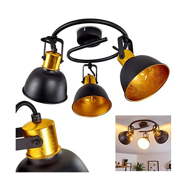 Ceiling Light Blackburn in Black & Golden Metal, semi-Flush Ceiling spotlights, 3 orientable Spots, 3 x E14 max. 25 Watt Light Bulb, Suitable LED Bulb