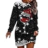 Christmas Party Dresses Women Ladies Long Sleeve Round Neck Xmas Graphic Print Jumper Dress Winter Casual Dress