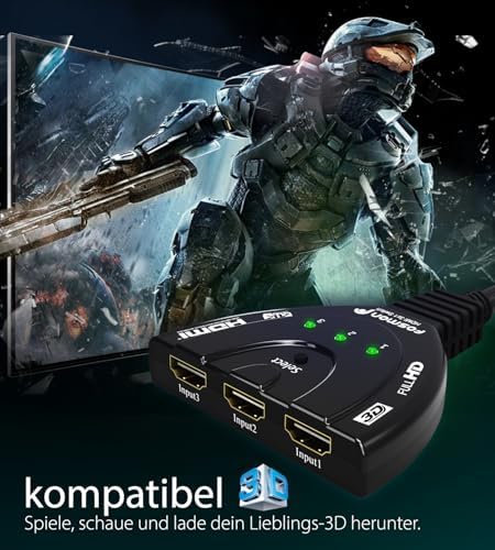 4. Bild von Fosmon Automatischer HDMI-Switch, 4K UHD HDR, 3 Port (3 Eingänge, 1 Ausgang), HDMI-Splitter und Selector mit Kabel, Unterstützt 3D, Full HD 1080p, HDCP, Kompatibel mit PS4, Xbox, Roku, Apple TV