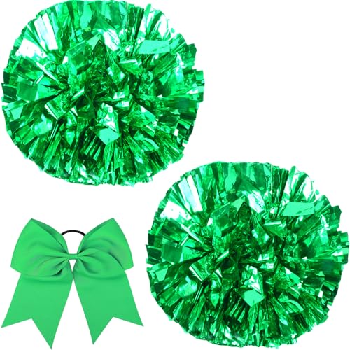 Hlonon 2Pcs Cheerleading Pom Poms, Large Cheerleader Cheering Squad Pompoms with Baton Handle for Kids Adults Team Sports Spirit Party Cheer (Green, Large)