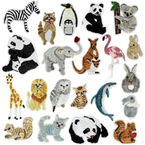 Gnognauq - Gnognauq 21PCS Animals Embroidered Patches Zoo Animals Iron on Patches Cute Embroidered Panda Giraffe Lion Flamingo Squirrel Rabbit Sewing Patches DIY Appliques