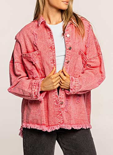 Evaless Women's Denim Jacket Boyfriend Jean Jackets For Women Fashion 2023 Distressed Shacket Jacket Ripped Frayed Jean Shirts Business Casual Red Top Outfits With Pockets Light Stretchy Shirt,Large #TOP1