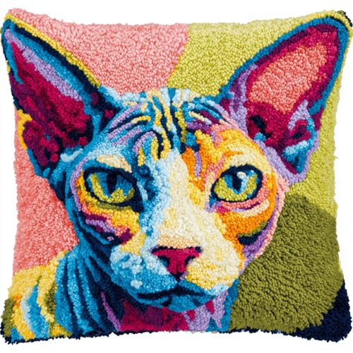 Juego de cojines de nudos para relajarse, kit de cojín de gancho para atar sin estrés, completo con instrucciones y herramientas, para niños y adultos, principiantes, 43 x 43 cm, gato canadiense