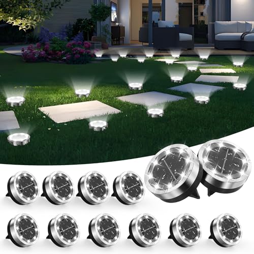 Dankeled 12 Stück Solar Bodenleuchten Aussen - 8 LED Weiß Solarlampen für Außen Garten IP65 Wasserdicht Solarleuchten Gartenbeleuchtung für Auffahrt Weg Rasen Gehweg Patio (Edelstahl+Kunststoff)