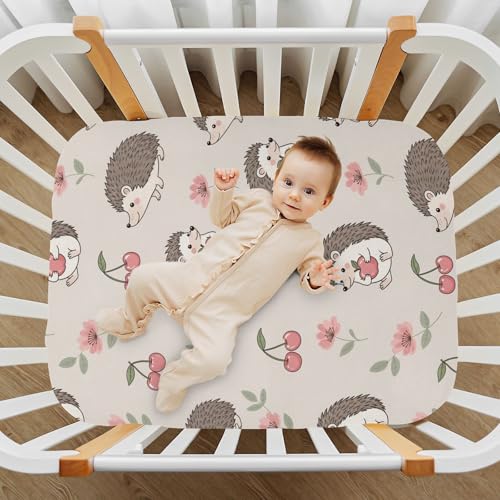 Image of Hedgehog Flowers Cherry Beige Fitted Crib Sheet for Boys Girls Baby Toddler Bed Sheets for Toddler Mattresses,52 X 28 in
