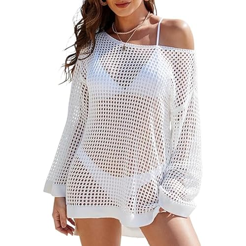 Beach Cover Ups For Women Sleeve Crochet Cover Up Bathing Suit Mesh Swimwear Knit Pullover Beach Dress Vacation Outfits