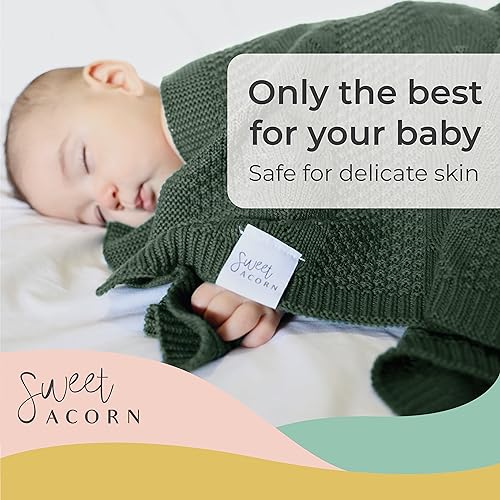 Image of Knit Baby Blanket in Elegant Pattern, Organic Cotton Blankets for Crib or Stroller, Receiving Blankets - Juniper Green