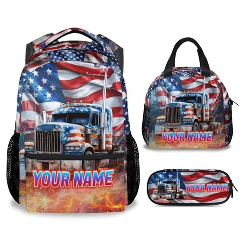 Personalized Backpack Sets for Kids - Set of 3 Truck Cool Schoolbag Matching Combo - Boys Preschool Bookbag and Pencil Case Bundle