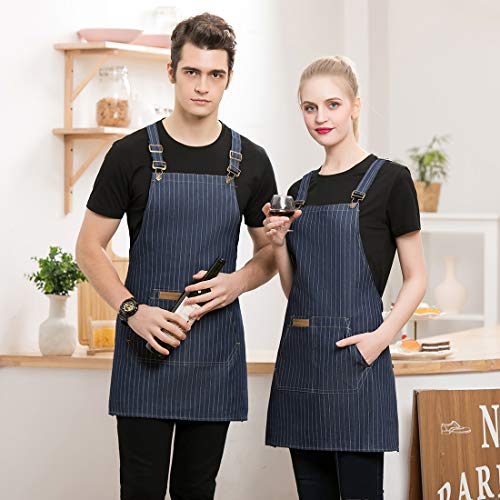 Denim Cross-Back Chef Bib Apron With Pockets For Men And Women (Blue Stripe) #TOP3