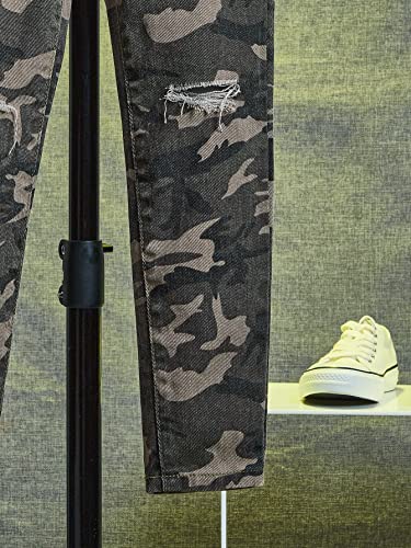 Wdirara Boy's Camo Print Drawstring Waist Ripped Jeans Denim Pants With Pockets Multicolor 10Y #TOP4