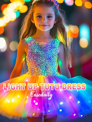 EASEDAILY Girls Light Up Sequin Tutu Dress Sleeveless LED Rainbow Tulle Dress Glow Princess Birthday Party Dresses2