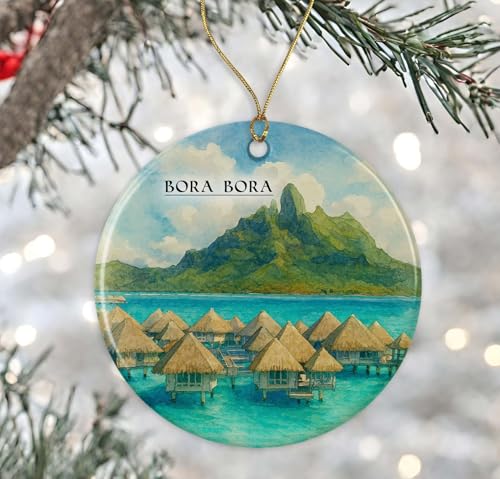 Image of Bora Bora Watercolor Ornament - Ceramic Christmas Keepsake - Honeymoon Anniversary - Travel Souvenir - Housewarming Present - Gift for Borabora Lover Printed on Both Sides