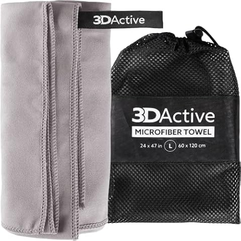 3DActive Microfiber Towel for Gym, Sports and Travel. Ultra Absorbent, Quick Drying, Lightweight, Compact with Carry Bag, Perfect for Workouts, Beach and Outdoors (Large (24x47 inches), Gray) Cover