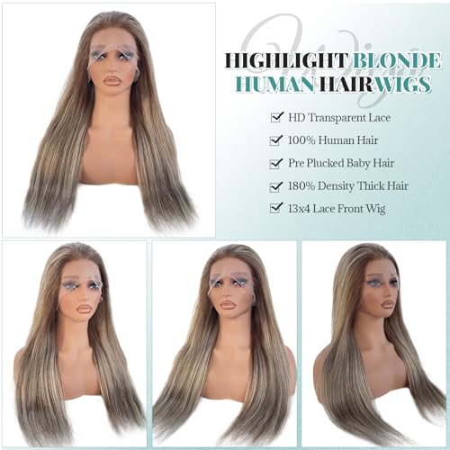 Image of Munx Ash Blonde Lace Front Wig Human Hair, 13x4 Ombre Lace Front Wig Human Hair 180% Density Glueless Ombre Highlight Straight HD Lace Frontal Wig Human Hair Balayage Color 30in
