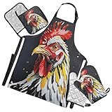 Nexawaveo Juego de 5 delantales de cocina resistentes al calor con guantes de horno y soportes para ollas para cocinar, barbacoa, hornear, gallo energético, color negro