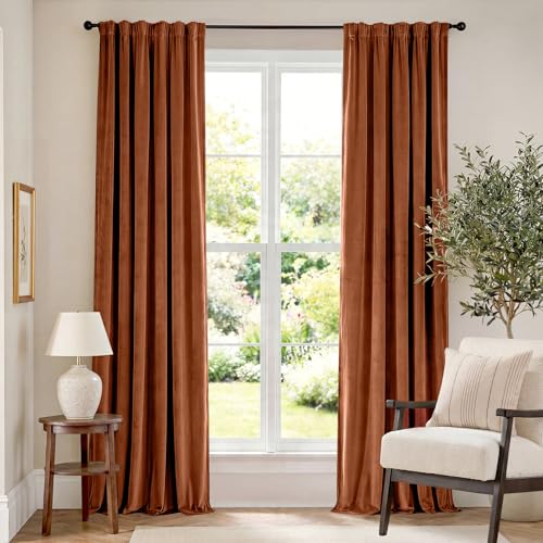 Image of Burnt Orange Velvet Curtains Warm Rod Pocket 52x90 Inch 2 Panels | Soft Velvet, Room Darkening, For Bedroom & Living Space, Light Shifting Texture, Elegant Drape, Luxury