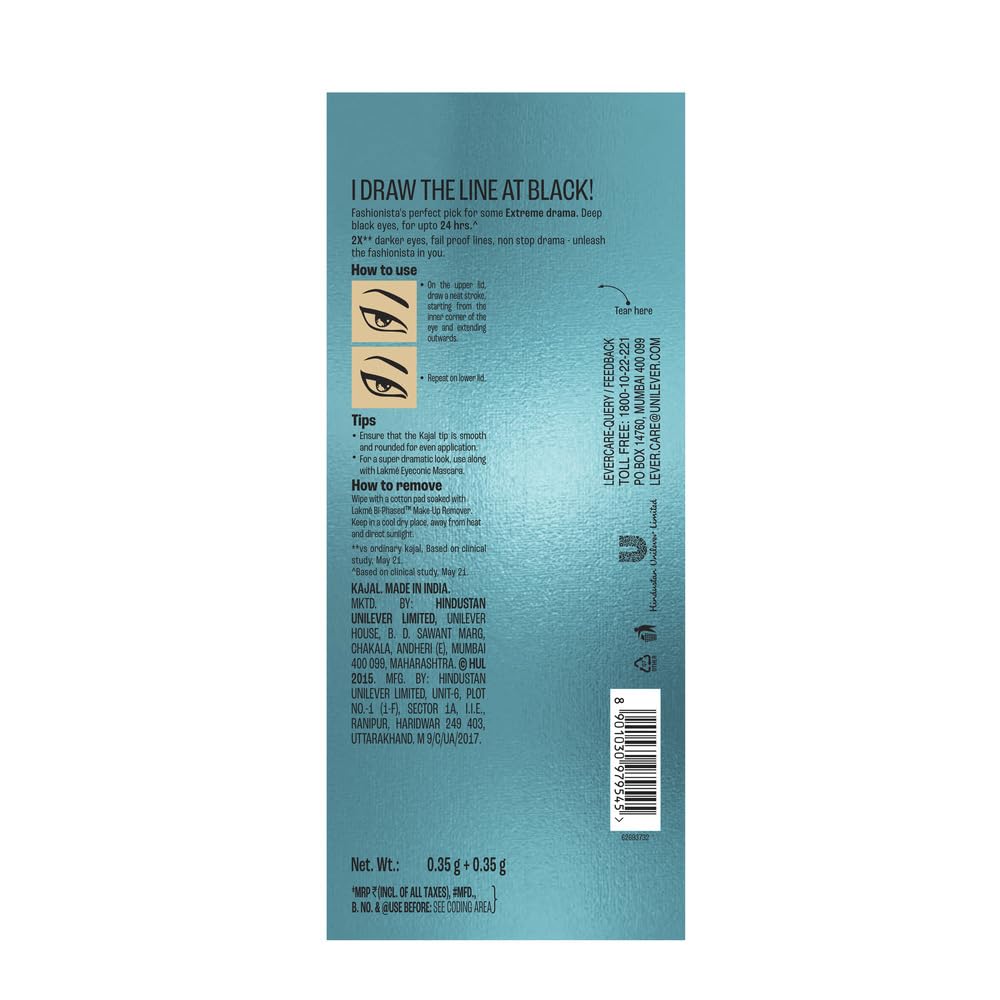Lakme Eyeconic Black Kajal 0.35 g (Combo Pack of 2) Matte Kohl Liner in a Twist Up Pencil - Waterproof|| Smudge Proof & Long Lasting Eye Makeup