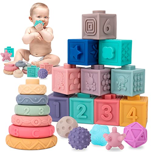 Image of UMYQAQ Baby Toys 6-12 Months, 3 in 1 Montessori Toys for Babies 6-12 Months, Incl Stacking Building Blocks & Soft Infant Teething Toys & Sensory Balls for Toddlers for Baby