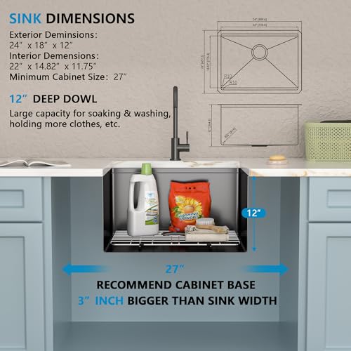 Image of 24 inchx18 inch Undermount Laundry Utility Sink Workstation - Gunmetal Black NANO-PVD, 16 Gauge 304 Stainless Steel, 12 Inch Deep Single Bowl Sink Basin for Laundry Room, RV or Utility Use