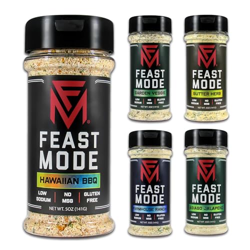 Feast Mode Flavors | Gainz Pack | 5 count | 5oz seasonings | Hawaiian BBQ | Garden Veggie | Butter Herb | Farmhouse Ranch | Asiago Jalapeno | meal prep seasoning low sodium no msg low calorie no artificial fillers healthy flavoring