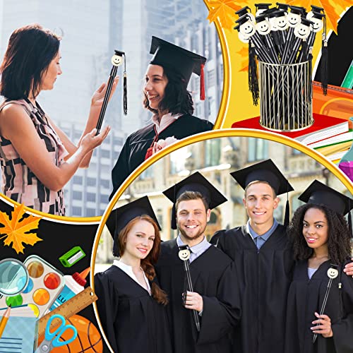 100 Bulk Graduation Cap Ballpoint Pen With Tassels Happy Face Round Shaped Rollerball Pen 0.7 Mm Black Gel Ink Lovely Present For Graduation Party Favor Student, School Office Home Supplies (Black) #TOP3