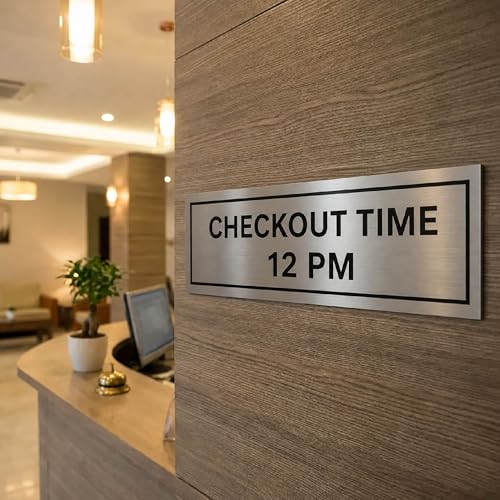 Image of Check Out Time Sign Board for Office, Mall, Restaurant, Hotel, Hospital, Laboratory, Clinic, School, Shop, Door Durable & Easy to Read Wall Signage (Stainless Steel 12x3 inch)