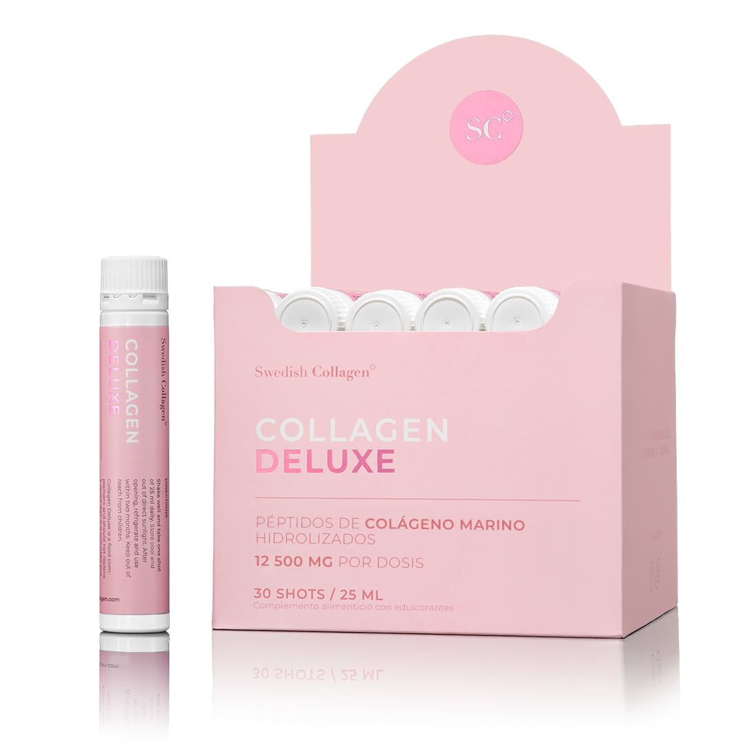 Swedish Collagen - Collagen Deluxe Shots, Suplemento de colágeno líquido 30x25ml | 12.500 mg de colágeno marino, con ácido hialurónico, vitaminas y minerales para cabello, piel y uñas (30)