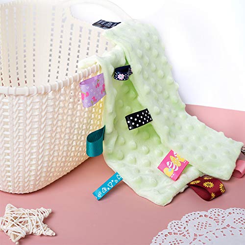 Image of Baby Tags Security Blankets - Baby Soothing Plush Blanket with Colorful Tags, 10 inchx10 inch Square Sensory Toys, Lovey for 3 Months+ Babies Boys and Girls (Green)