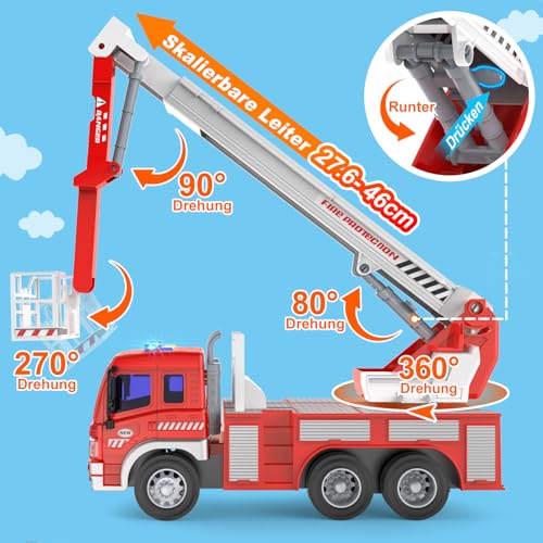 GizmoVine Feuerwehrauto Groß, Feuerwehr Spielzeugauto mit Drehleiter, Sound und Licht, Große Auto Spielzeug Modell, Geschenke für Jungen Mädchen, Kinder Fire Truck Fahrzeuge ab 3 4 5 6 7 8 Jahre