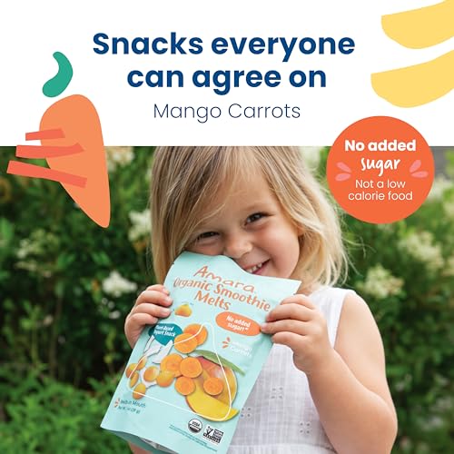 Image of Amara Smoothie Melts - Mango Carrot - Organic Baby Snacks w / Fruits & Veggies - Plant Based Yogurt Melts - Healthy Toddler Snack - Activity Book Included - Enjoy From 10+ Mos - 6 Resealable Bags