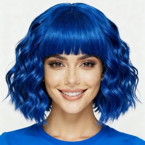 Blue Wigs for Black Women Soft Short Bob Style Wigs with Bangs for Women Synthetic Shoulder Length Women's Curly Wigs for Cosplay Halloween Costumes Daily (Blue)