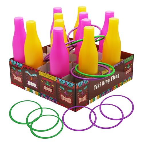 4E's Novelty Tiki Ring Fling Bottle Ring Toss Game Set for Party Games for Adults and Family, Beach Summer Hawaiian Luau Outdoor Indoor Game Activity
