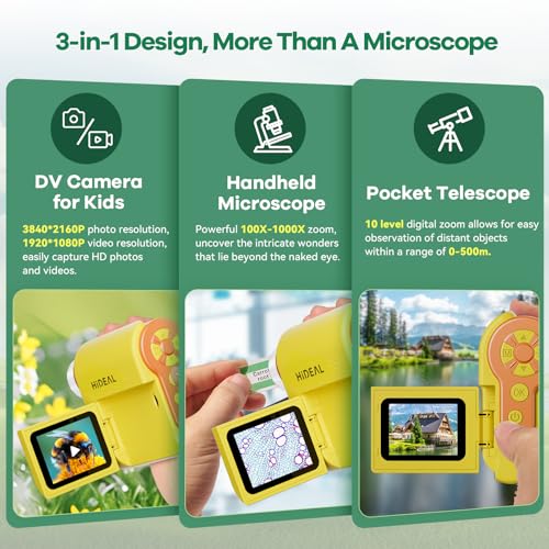 Image of Hideal HP20 IPS Microscope for Kids: [3-in-1] [Easy and Fun] 2 inch Portable Handheld Microscope Miniscope, Pocket Mini Scope Educational Science Kit, Christmas Birthday Gifts for Kids, 32GB, Yellow