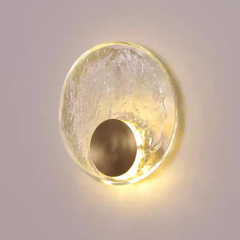 NHPJFDC LED Wall Light Fixture Indoor Vintage Brushed Brass Wall Sconce Mid Century Round Crystal Wall Mounted Lamp Modern Antique Wall Lighting Gold for Living Room Hallway Bathroom Aisle Staircase