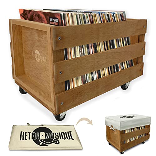 Retro Musique Caja de almacenamiento de discos de vinilo LP de madera con capacidad para hasta 100 álbumes (en fundas de PVC) con cubierta de tela de arpillera (acabado de teca) Cover