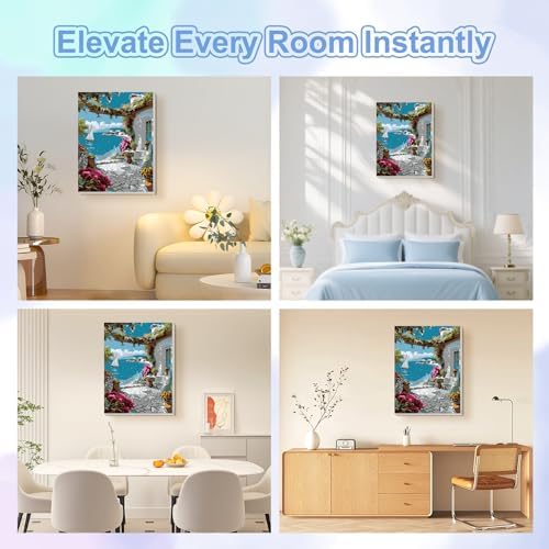 TOSTOG Ocean-View Flower House Framed Canvas Painting by Numbers Art Kit for Adults and Kids, Beginner Acrylic Painting Supplies with Wooden Frame for Home Wall Decor 25 * 35 cm/10 * 14 in