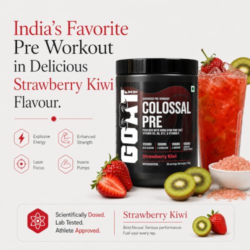 Image of Colossal Pre | PreWorkout Powder (Strawberry Kiwi 180gm 15 Servings) 200mg Caffeine 3.5g Beta-Alanine 3g Citrulline 1.5g Arginine 1g Creatine with Himalayan Pink Salt